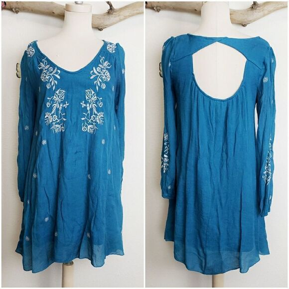 Rebellion blue boho embroidered mini dress tunic - Picture 1 of 8